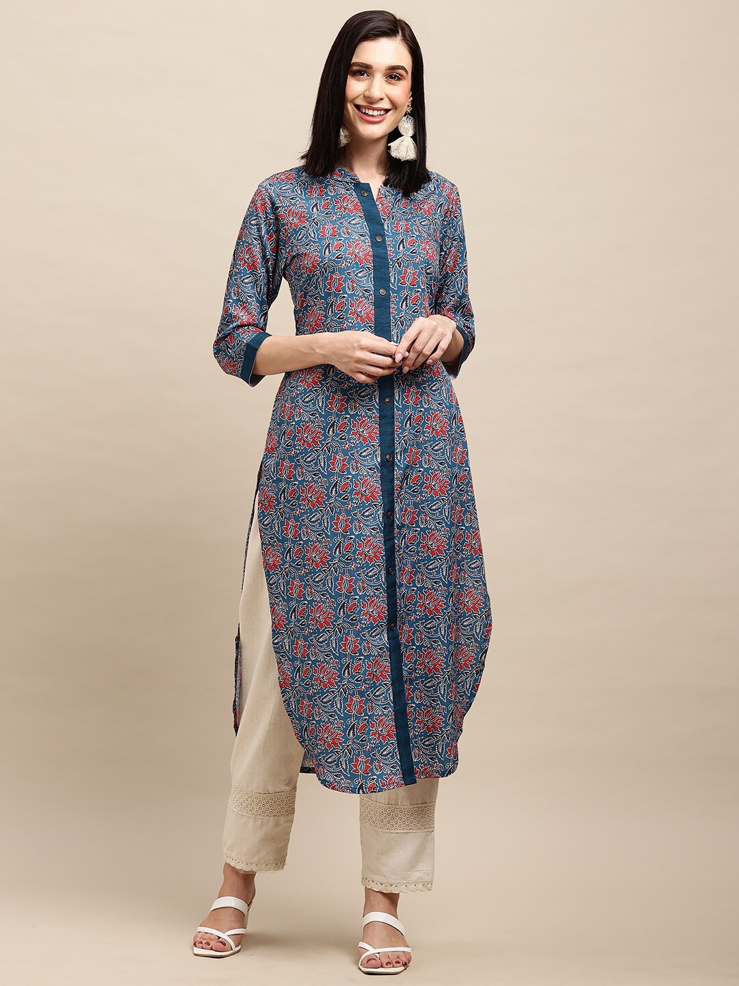 

all about you Blue Floral Printed Mandarin Collar Kurta
