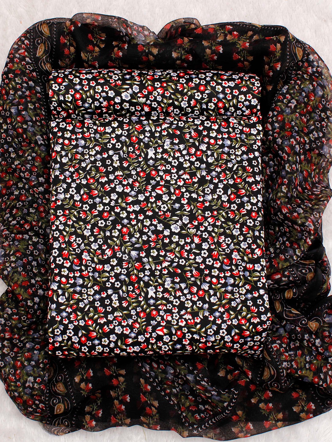

KALINI Floral Printed Art Silk Unstitched Dress Material, Black