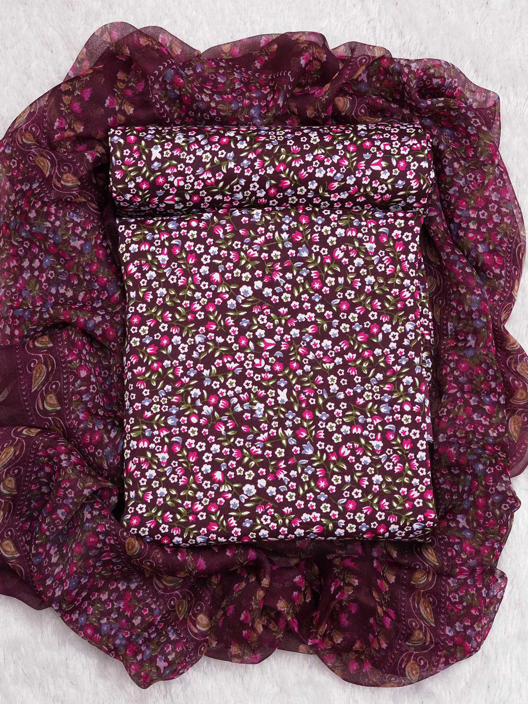 

KALINI Floral Printed Art Silk Unstitched Dress Material, Purple