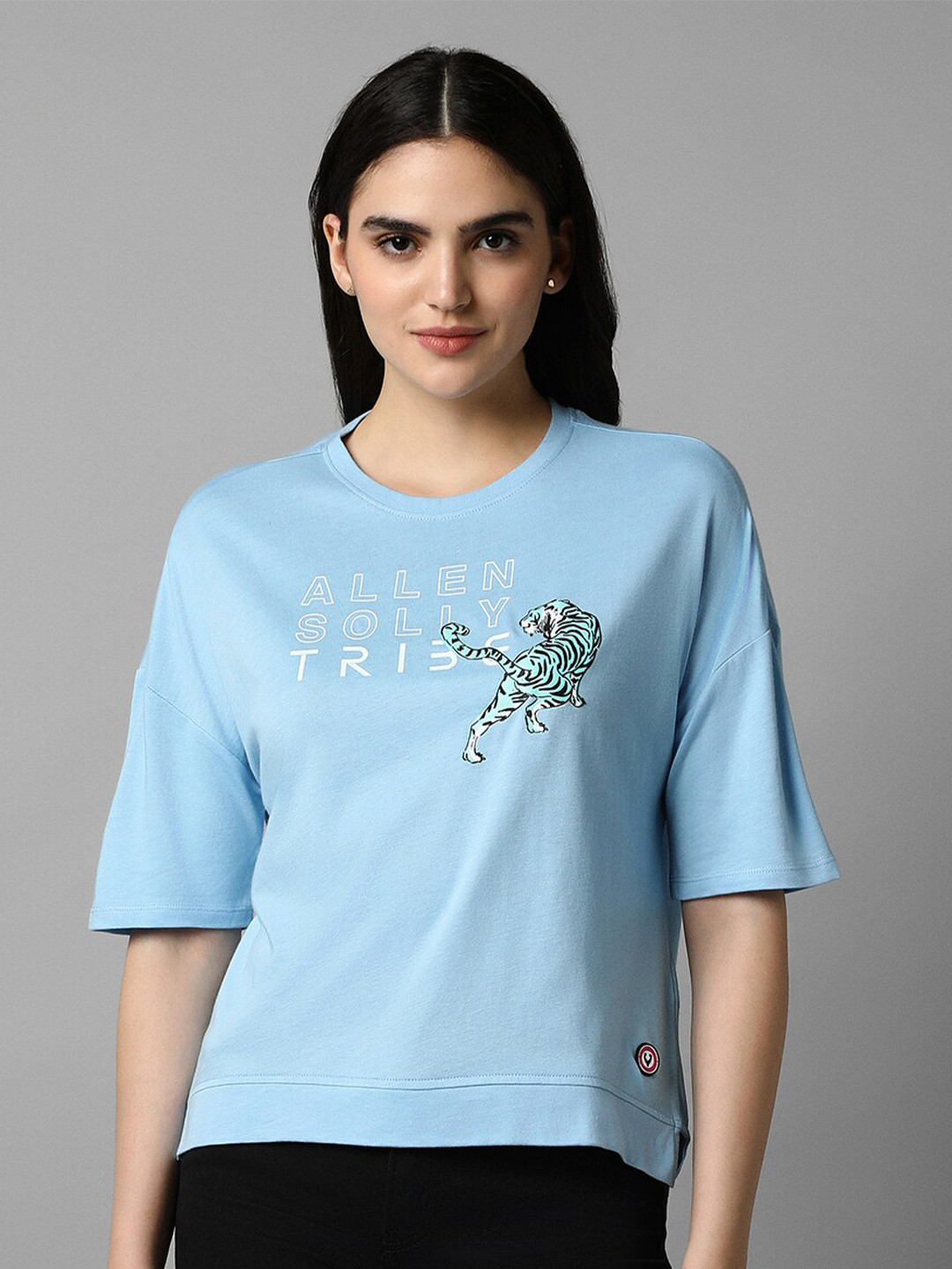 

Allen Solly Woman Typography Printed Extended Sleeves Cotton T-shirt, Blue