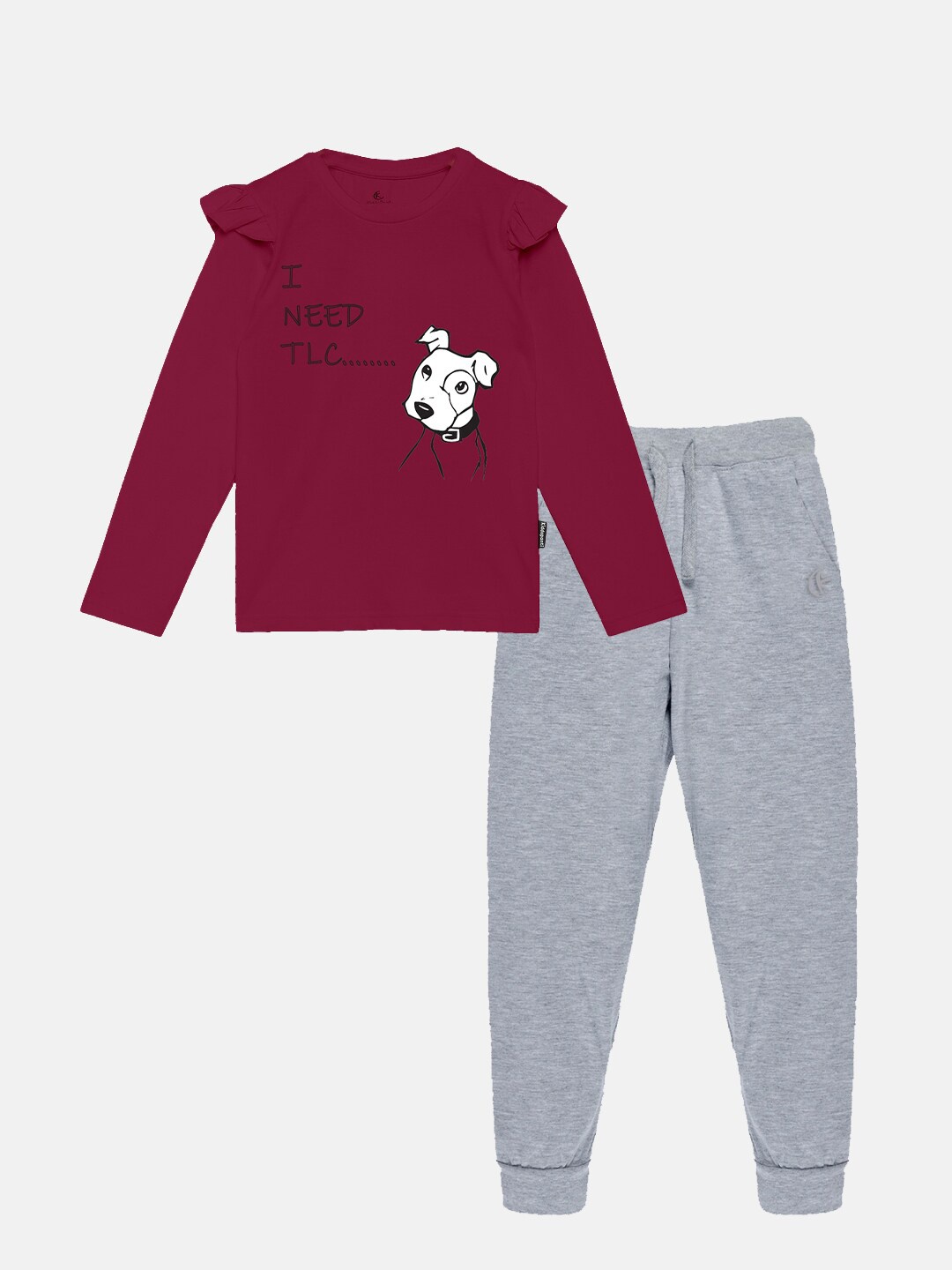 

KiddoPanti Girls Graphic Printed Top With Trousers, Burgundy