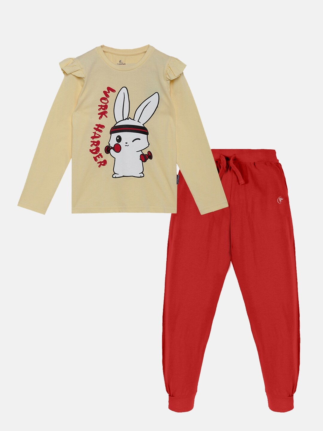 

KiddoPanti Girls Printed Pure Cotton Top with Trousers, Cream