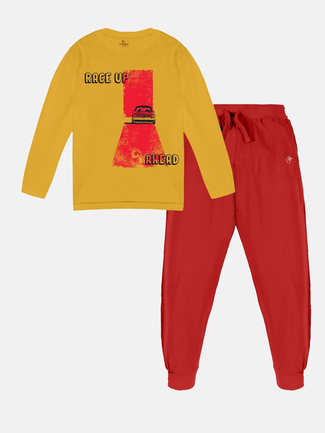 

KiddoPanti Boys Graphic Printed T-shirt With Trousers, Mustard
