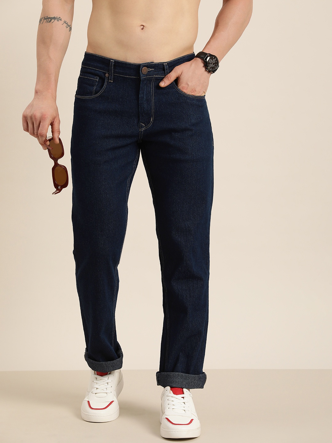 

HERE&NOW Men Smart Tapered Fit Stretchable Jeans, Navy blue