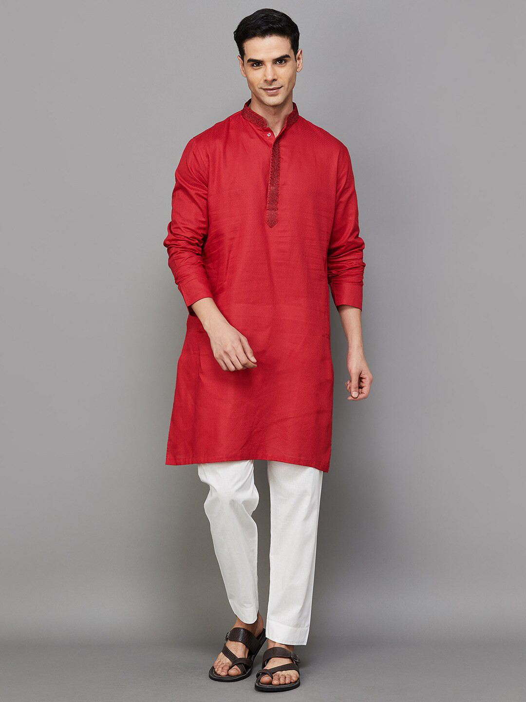 

Melange by Lifestyle Mandarin Collar Thread Work Pure Cotton Kurta with Trouser, Red