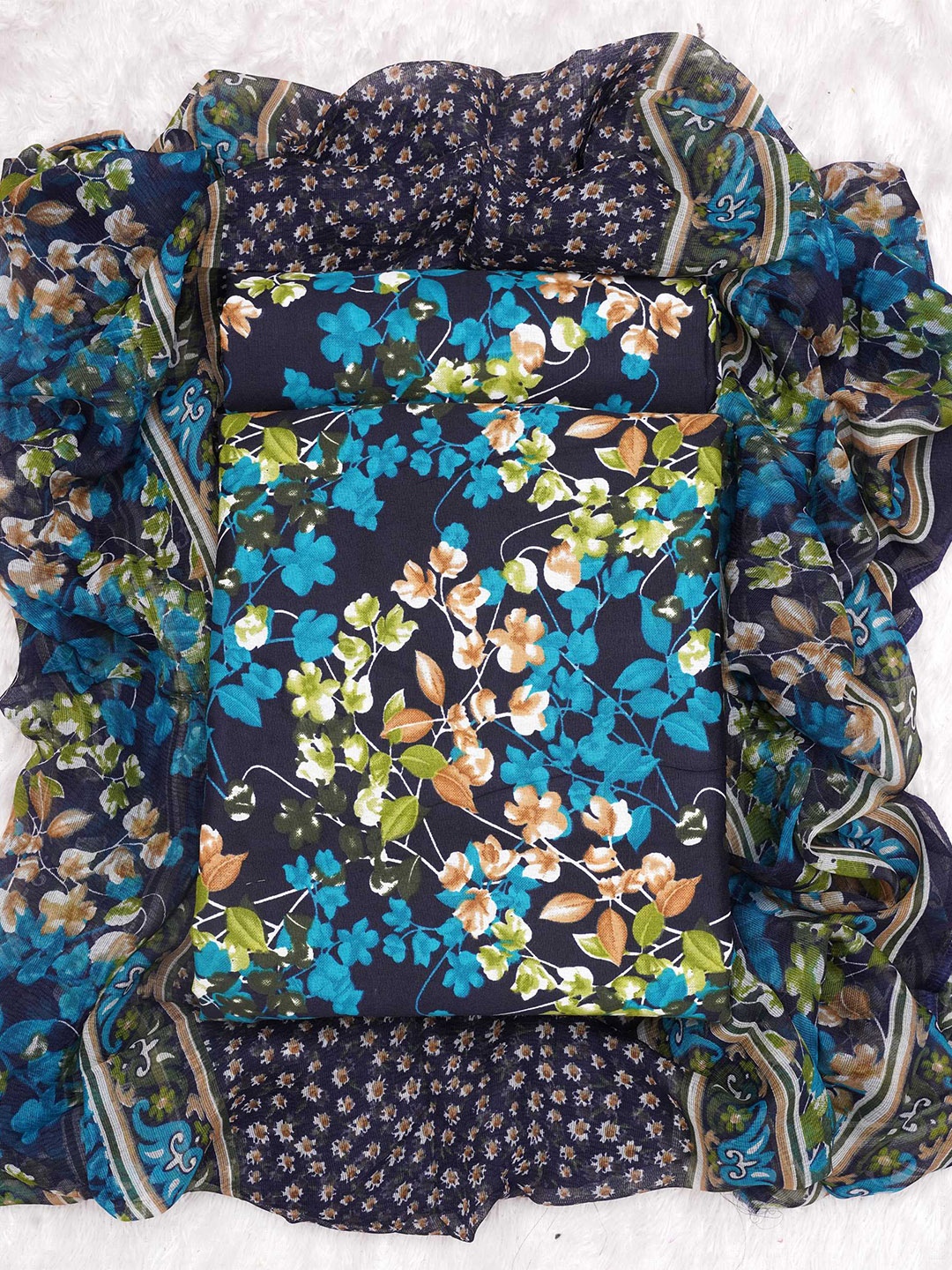 

KALINI Floral Printed Art Silk Unstitched Dress Material, Blue