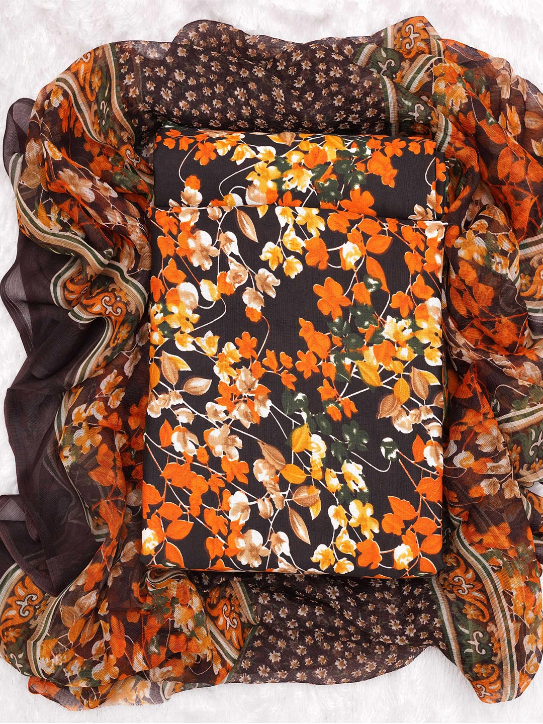 

KALINI Floral Printed Art Silk Unstitched Dress Material, Orange