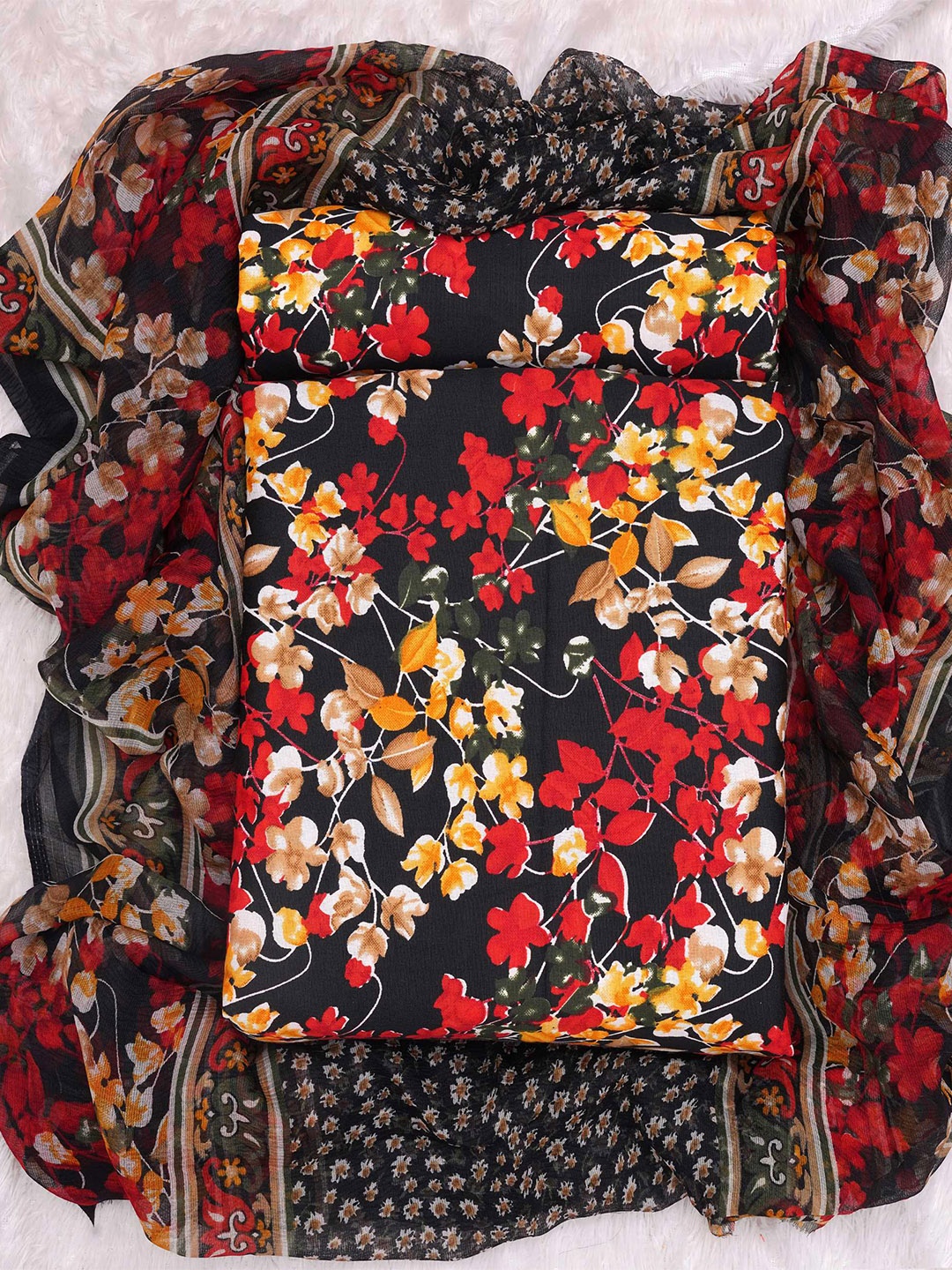 

KALINI Floral Printed Art Silk Unstitched Dress Material, Black