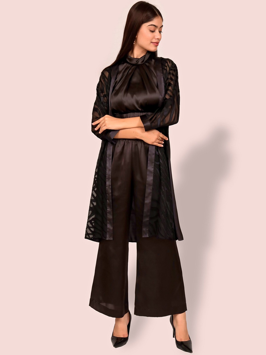

Justin Whyte Turtle Neck Crop Top & Trousers With Shrug, Black