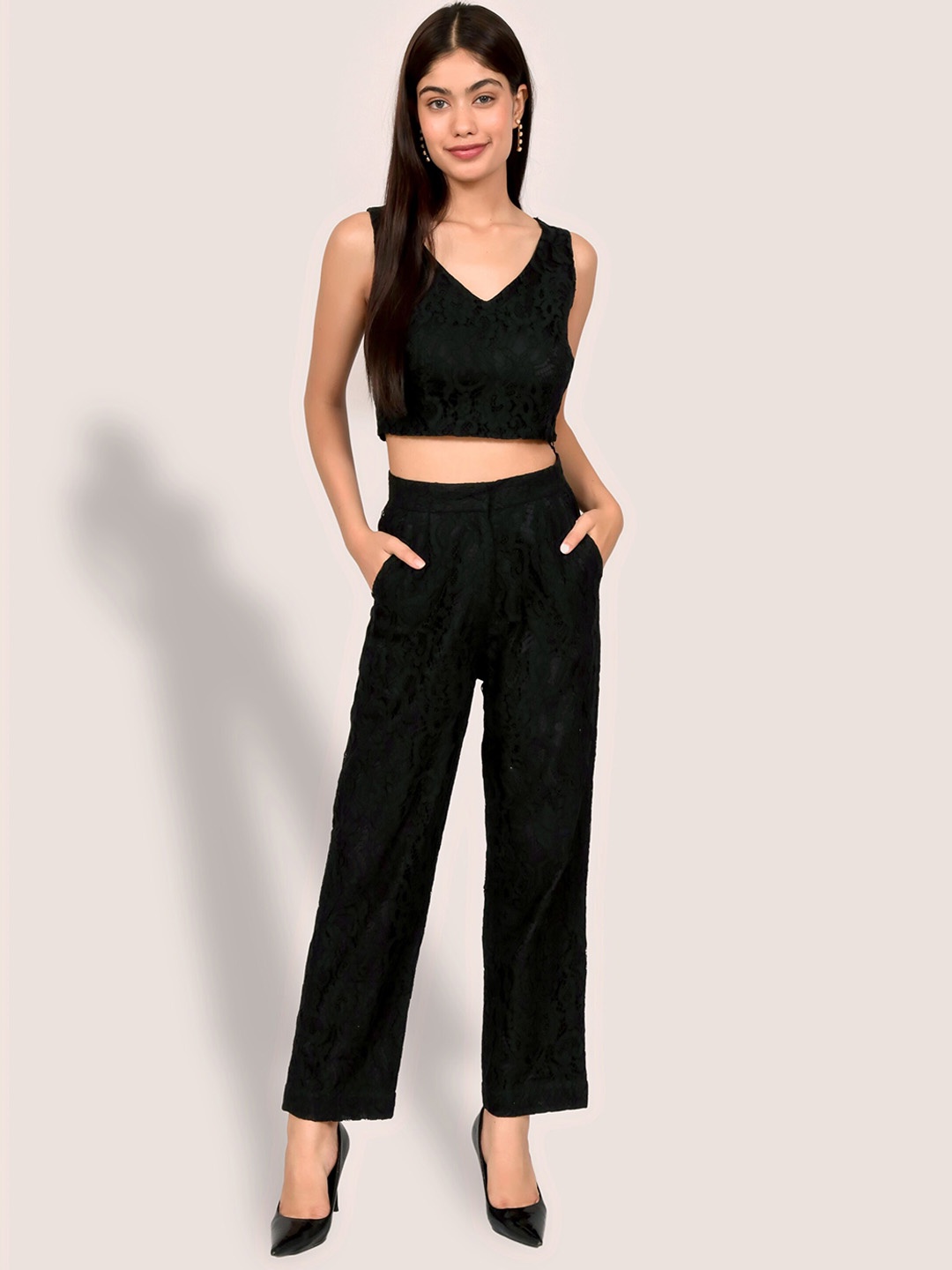 

Justin Whyte Self Design Laced Top With Trouser, Black