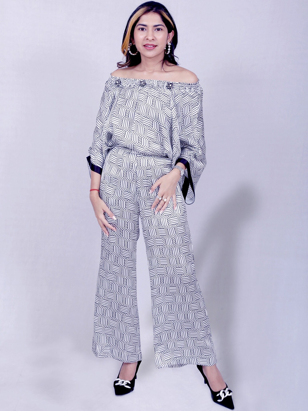 

Justin Whyte Printed Satin Off-Shoulder Top With Trouser, Beige