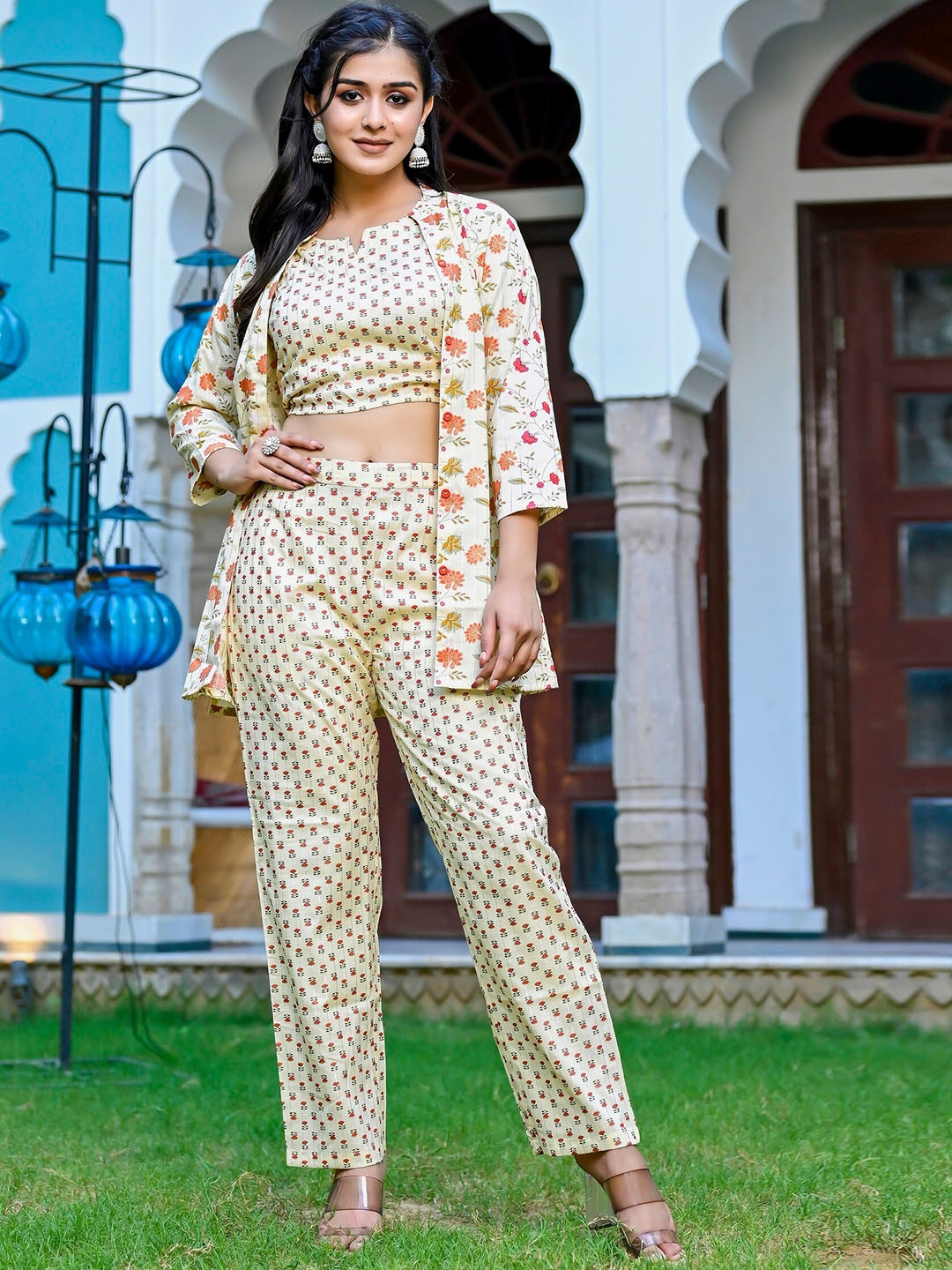 

MissKurti Printed Pure Cotton Crop Top With Trousers & Jacket, Cream