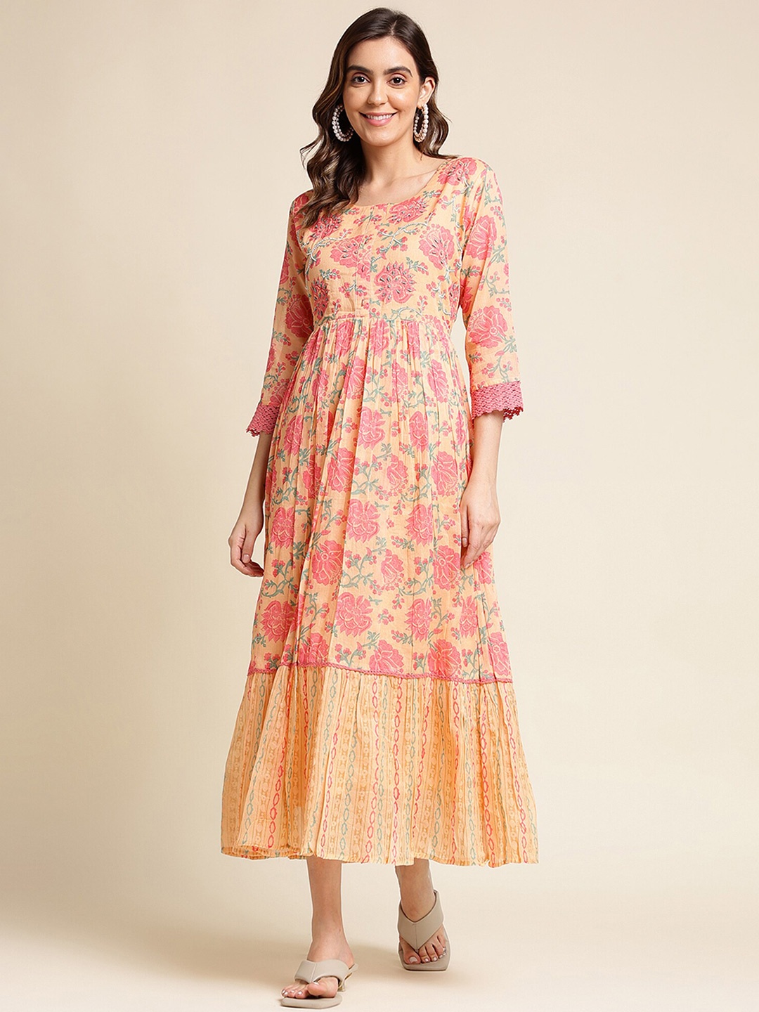 

Sangria Peach-Coloured Floral Printed Embellished Cotton Fit & Flare Ethnic Dress