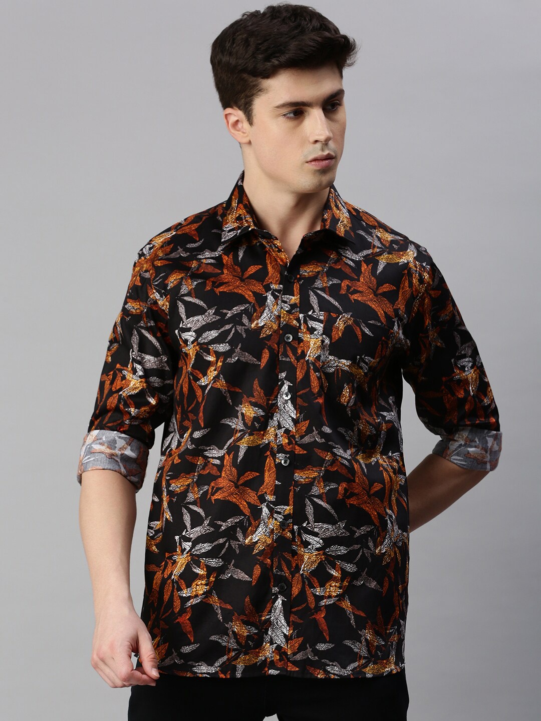 

ZEDD Tropical Printed Cotton Casual Shirt, Black