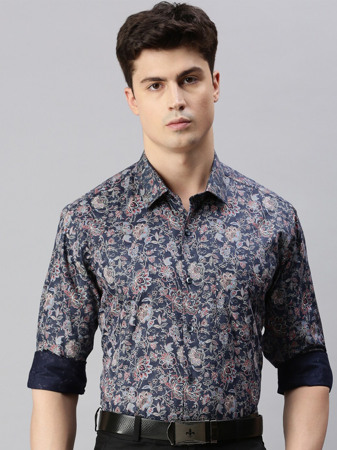 

ZEDD Floral Printed Cotton Formal Shirt, Blue