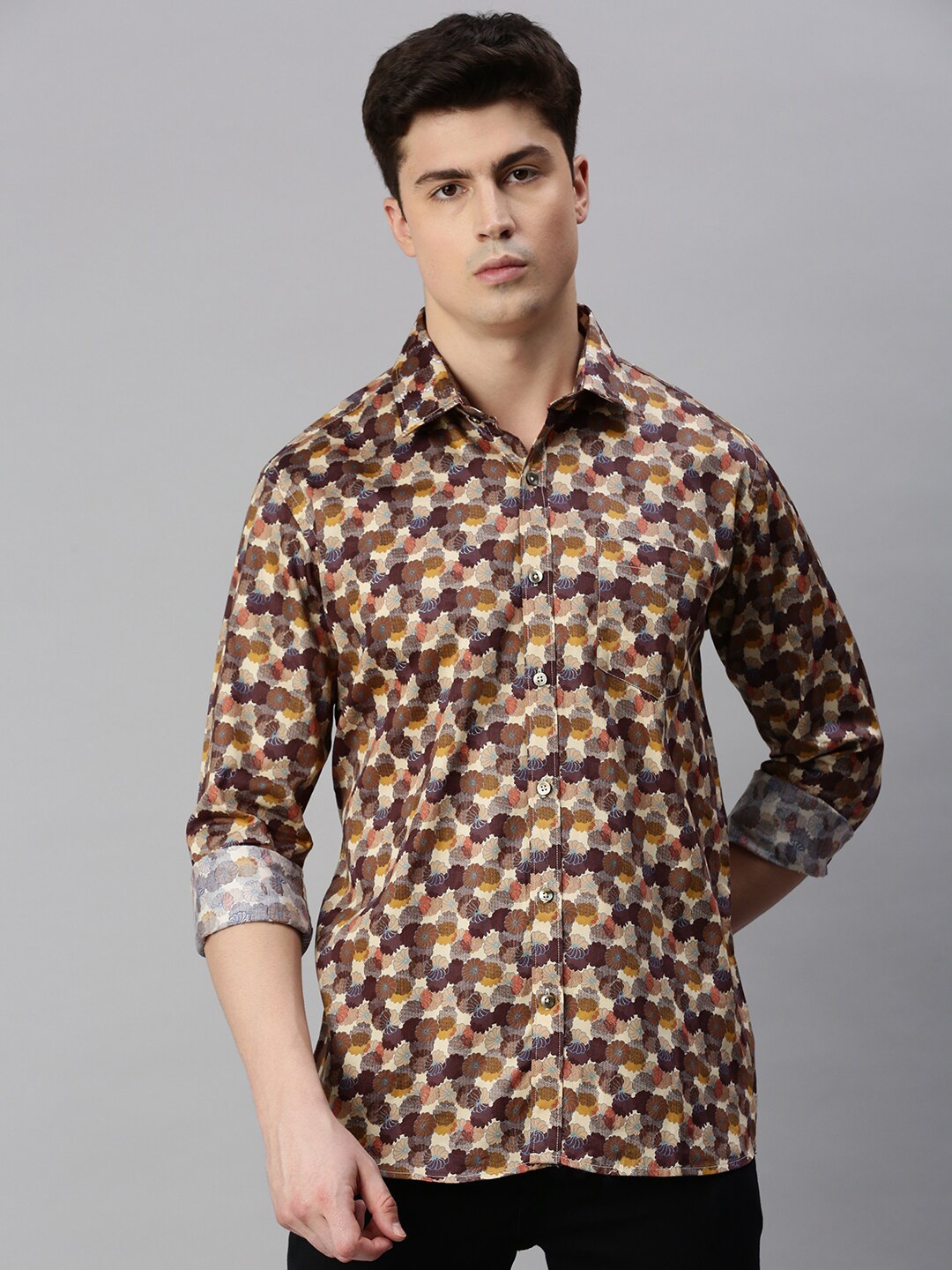 

ZEDD Floral Printed Cotton Casual Shirt, Beige