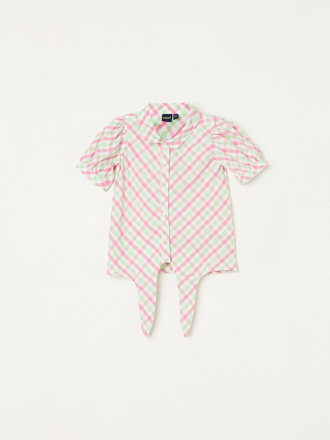 

Juniors by Lifestyle Girls Checked Puffed Sleeves Waist Tie Ups Cotton Shirt Style Top, Green