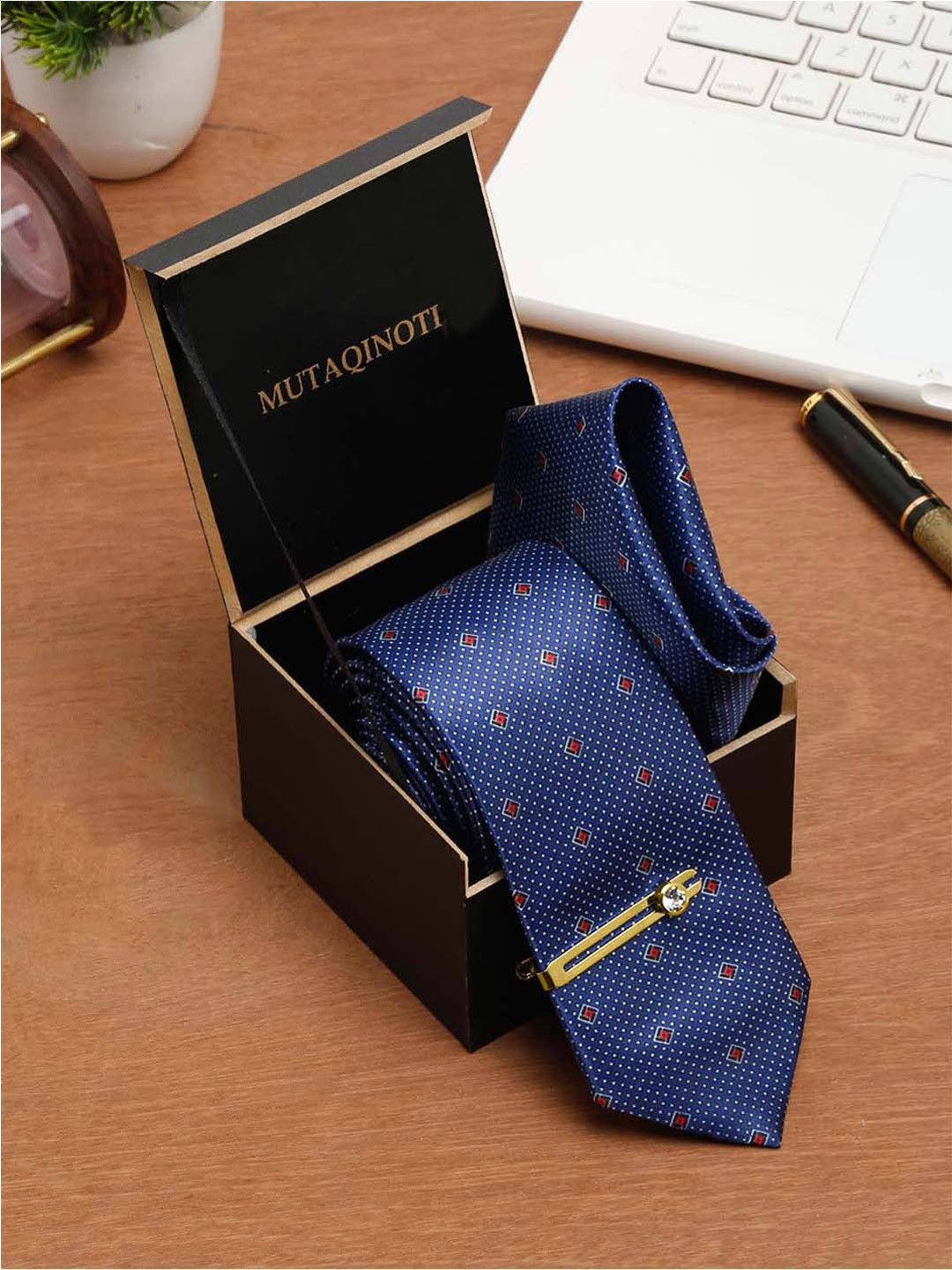 

MUTAQINOTI Set Of 3 Geometric Printed Necktie Accessory Gift Set, Navy blue