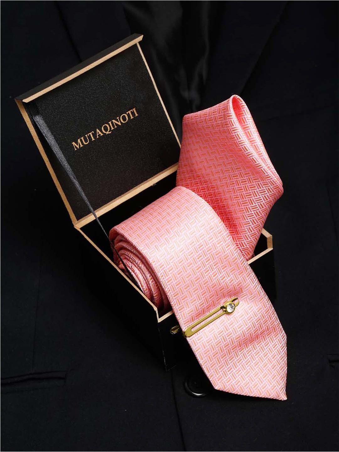 

MUTAQINOTI Men Checked Silk Accessory Gift Set, Peach
