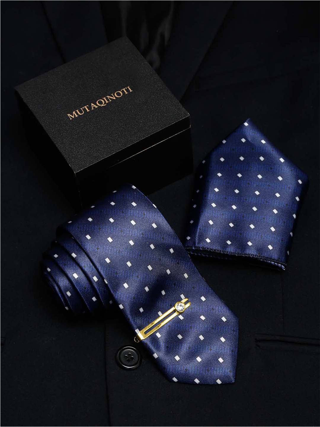 

MUTAQINOTI Set Of 3 Geometric Printed Necktie Accessory Gift Set, Navy blue
