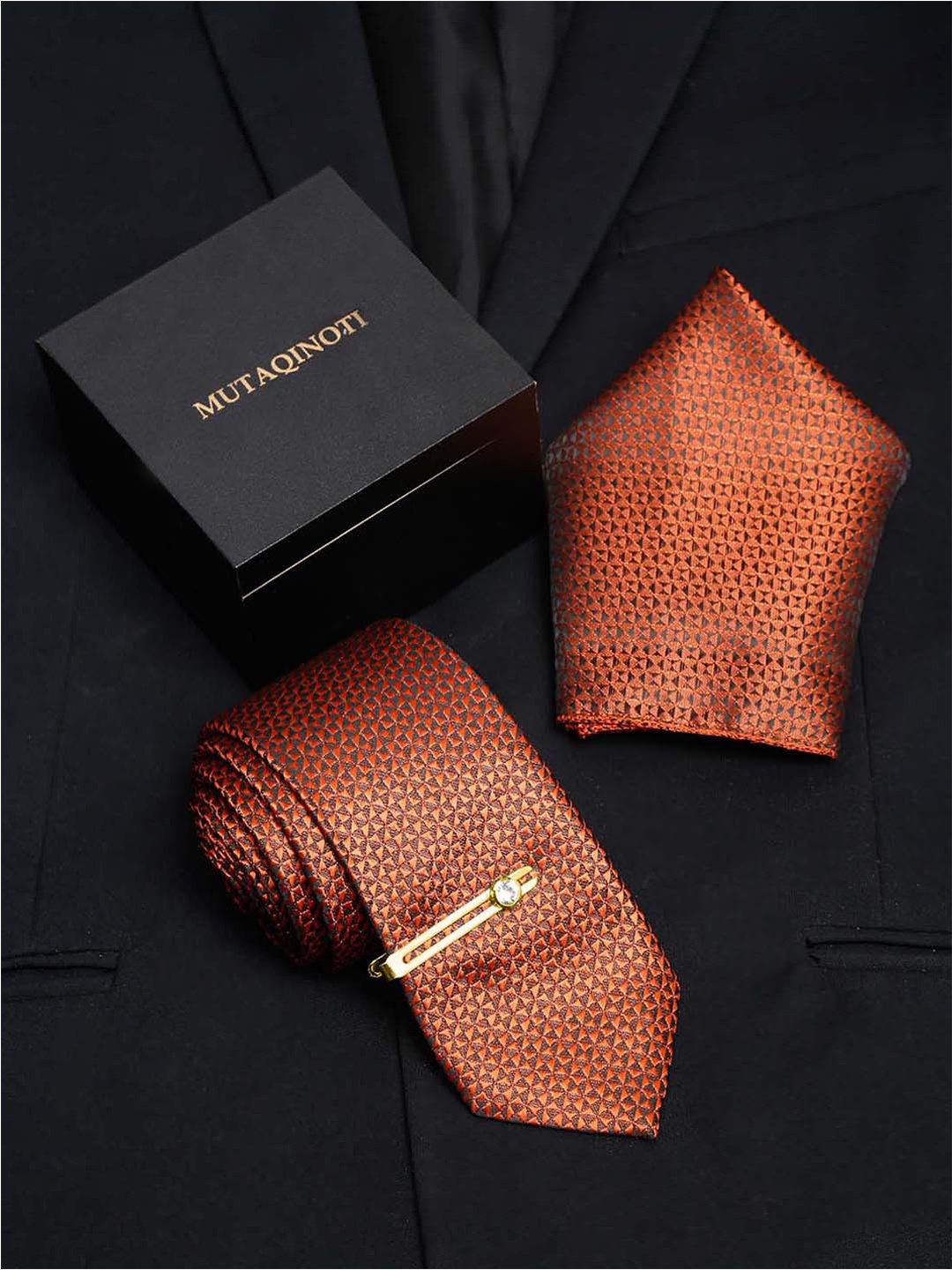 

MUTAQINOTI Men Printed Silk Formal Accessory Gift Set, Brown