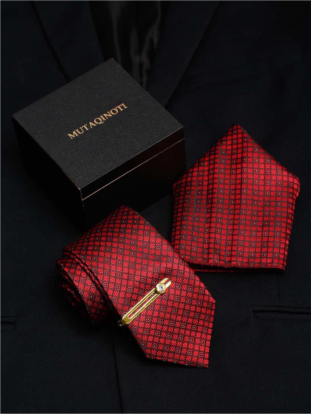 

MUTAQINOTI Set Of 3 Checkered Box Silk Necktie Accessory Gift Set, Red