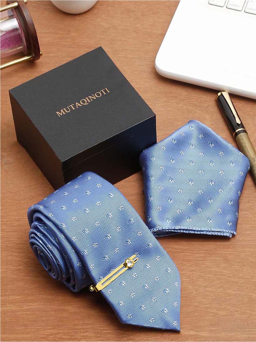 

MUTAQINOTI Men Printed Silk Accessory Gift Set, Blue