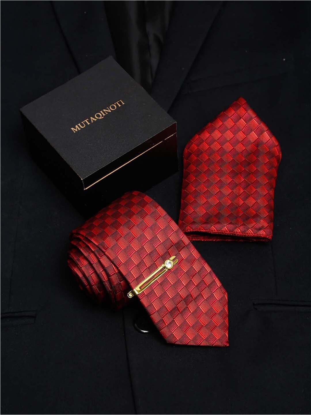 

MUTAQINOTI Men Checked Silk Accessory Gift Set, Red