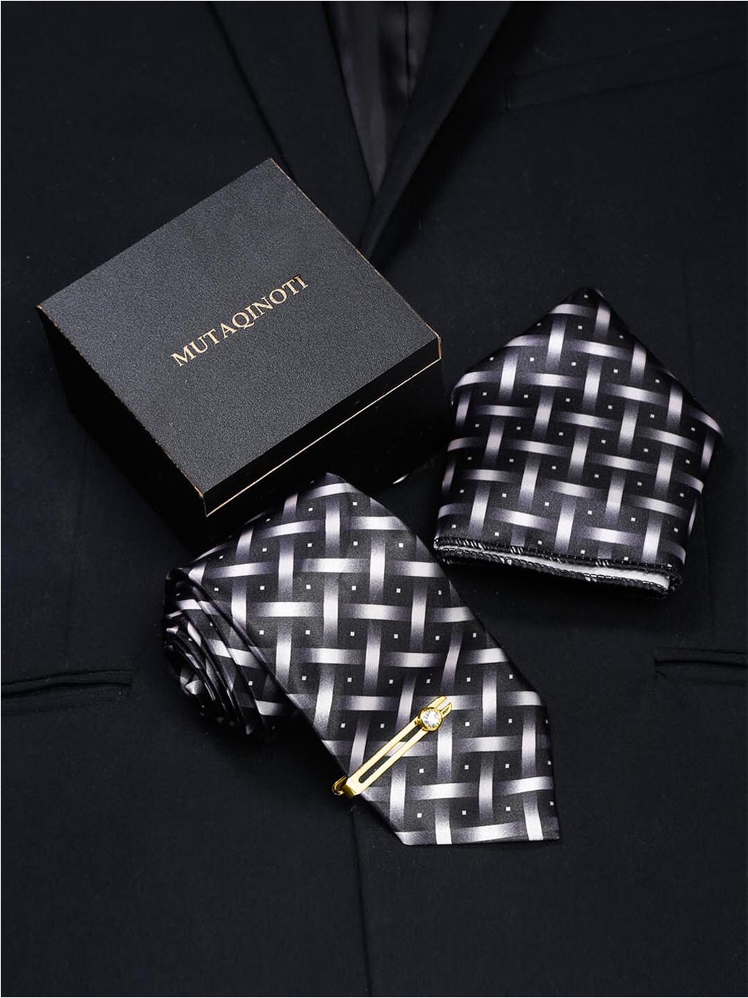 

MUTAQINOTI Men Checkered Silk Formal Accessory Gift Set, Black