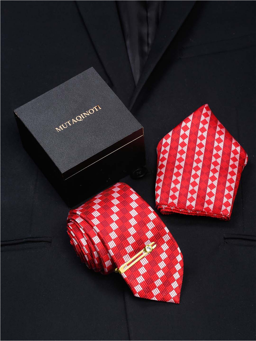 

MUTAQINOTI Set Of 3 Checkered Silk Necktie Accessory Gift Set, Red