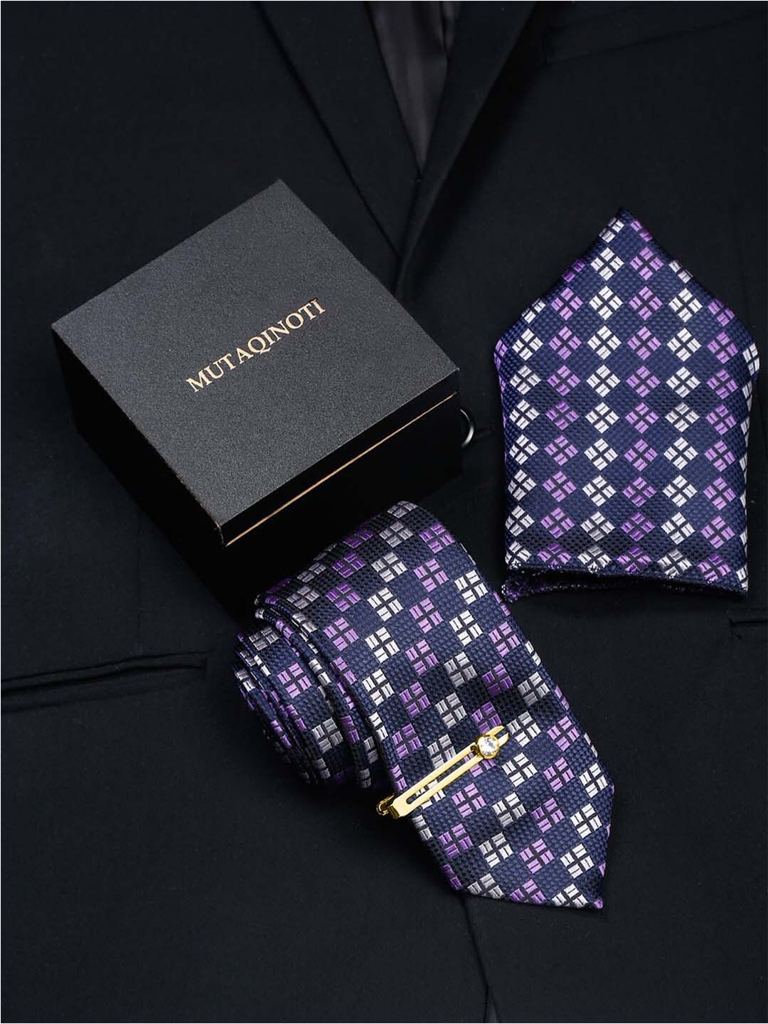 

MUTAQINOTI Men Checkered Silk Accessory Gift Set, Purple