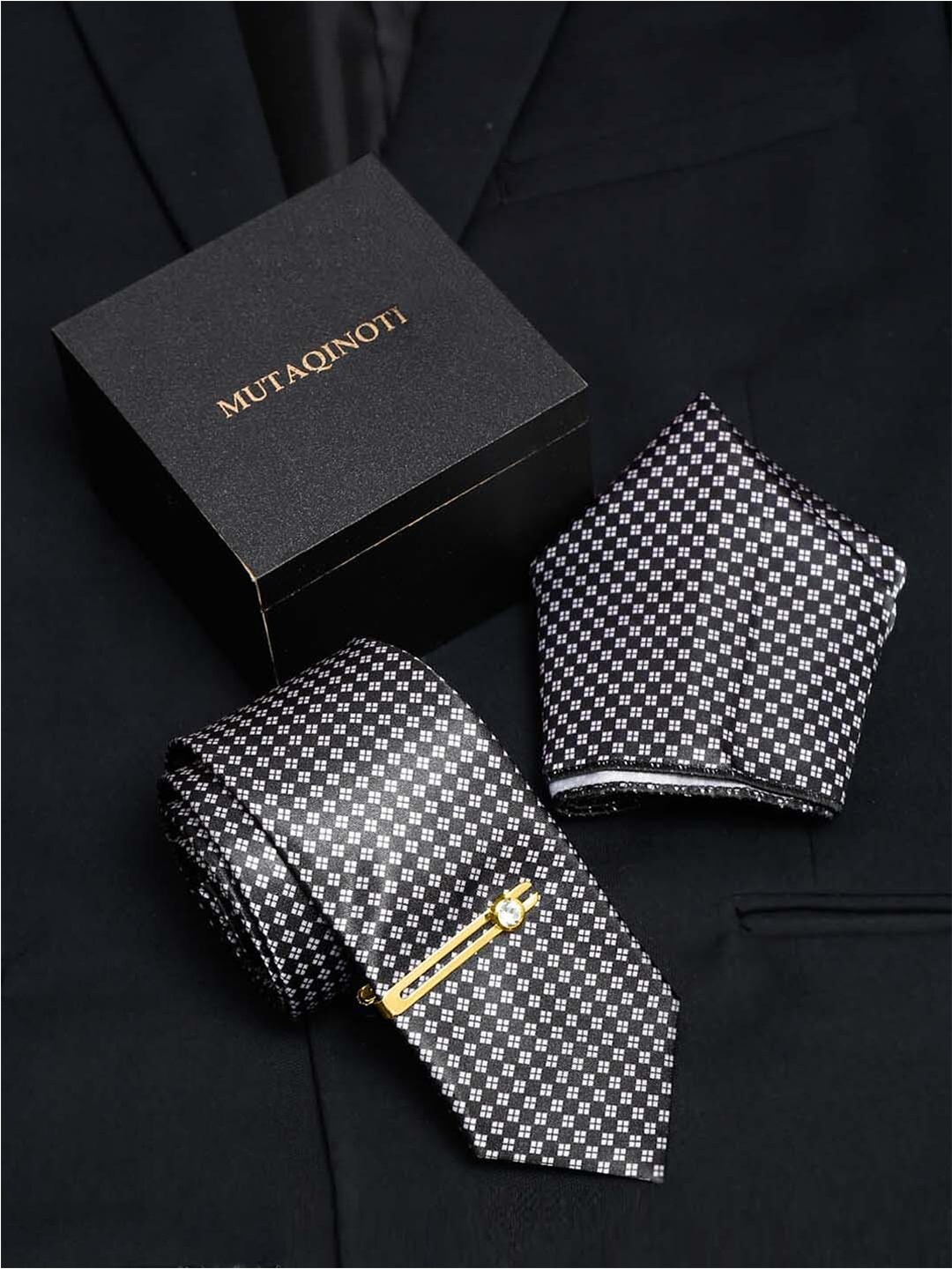 

MUTAQINOTI Set Of 3 FS Silk Blend Necktie Accessory Gift Set, Black