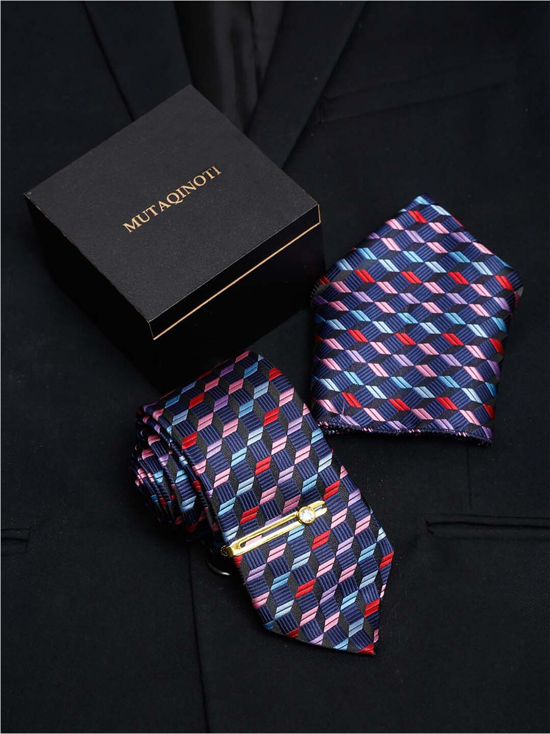 

MUTAQINOTI Men Printed Silk Accessory Gift Set, Blue