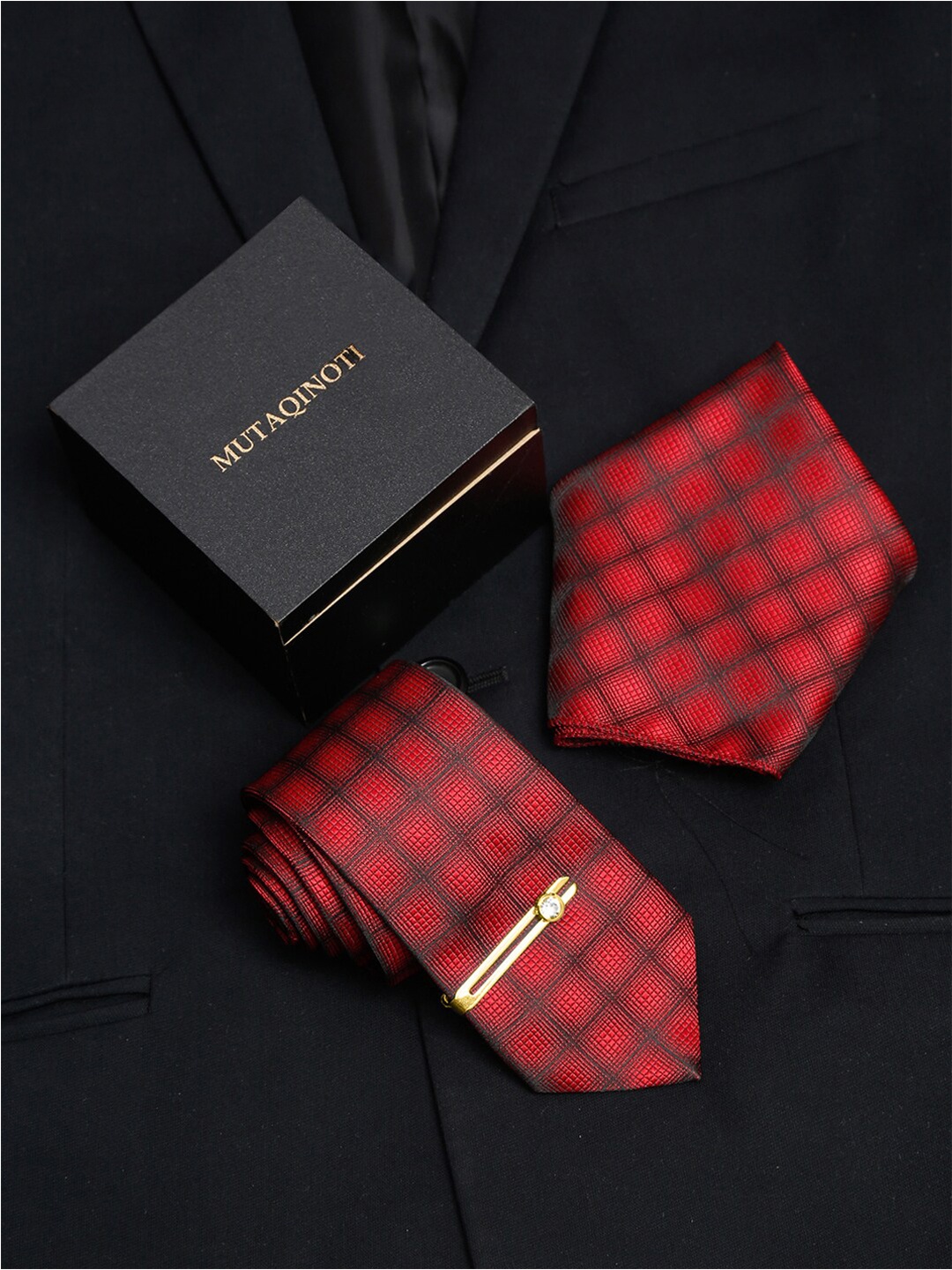 

MUTAQINOTI Men Checks Silk Necktie Accessory Gift Set, Red