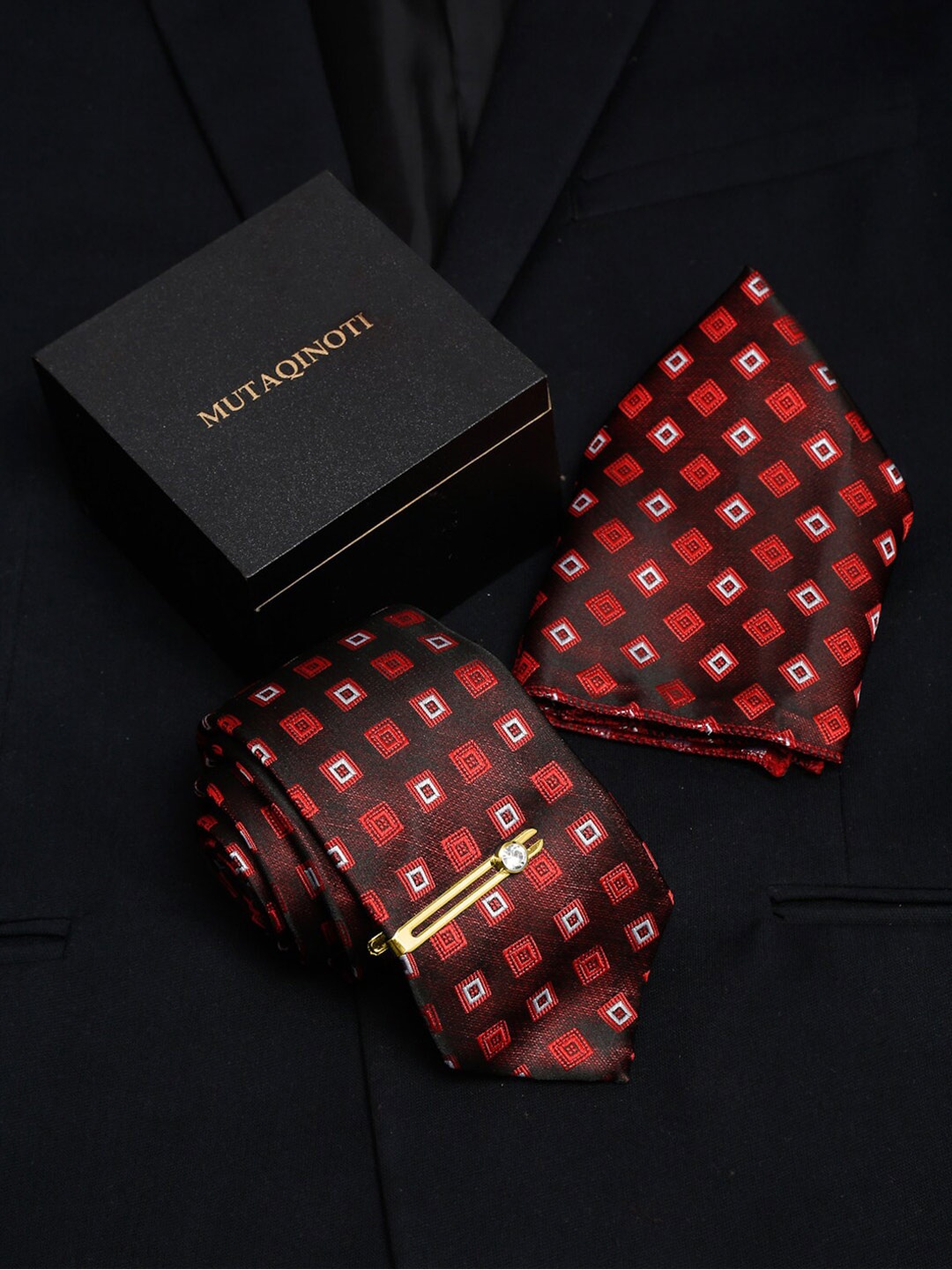 

MUTAQINOTI Set Of 3 Brown Silk Necktie Accessory Gift Set