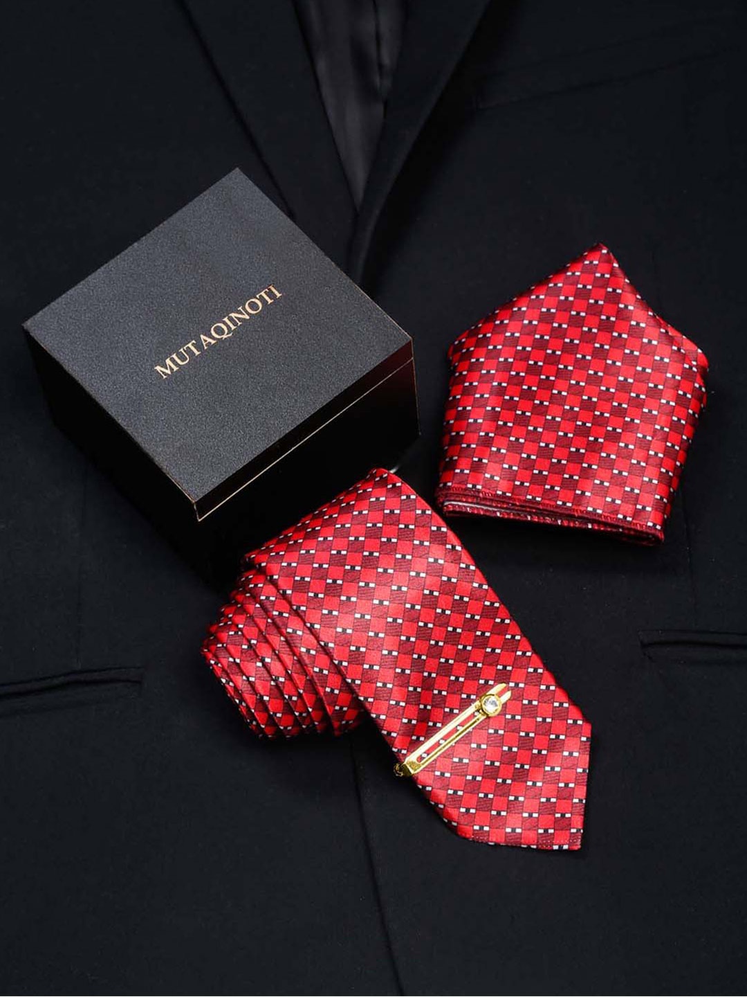 

MUTAQINOTI Men Checked Accessory Gift Set, Red