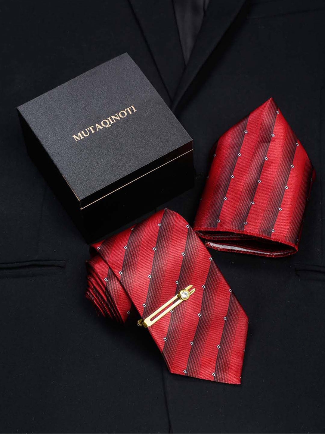 

MUTAQINOTI Set Of 3 Striped Red Silk Blend Necktie Accessory Gift Set
