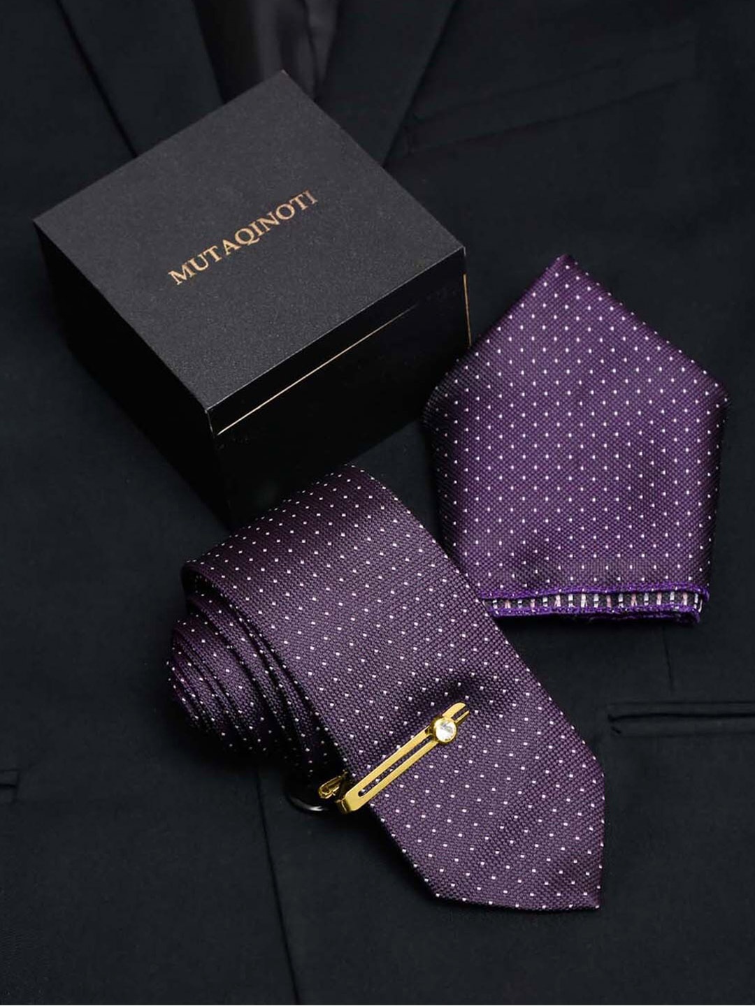 

MUTAQINOTI Men Dotted Printed Silk Accessory Gift Set, Purple