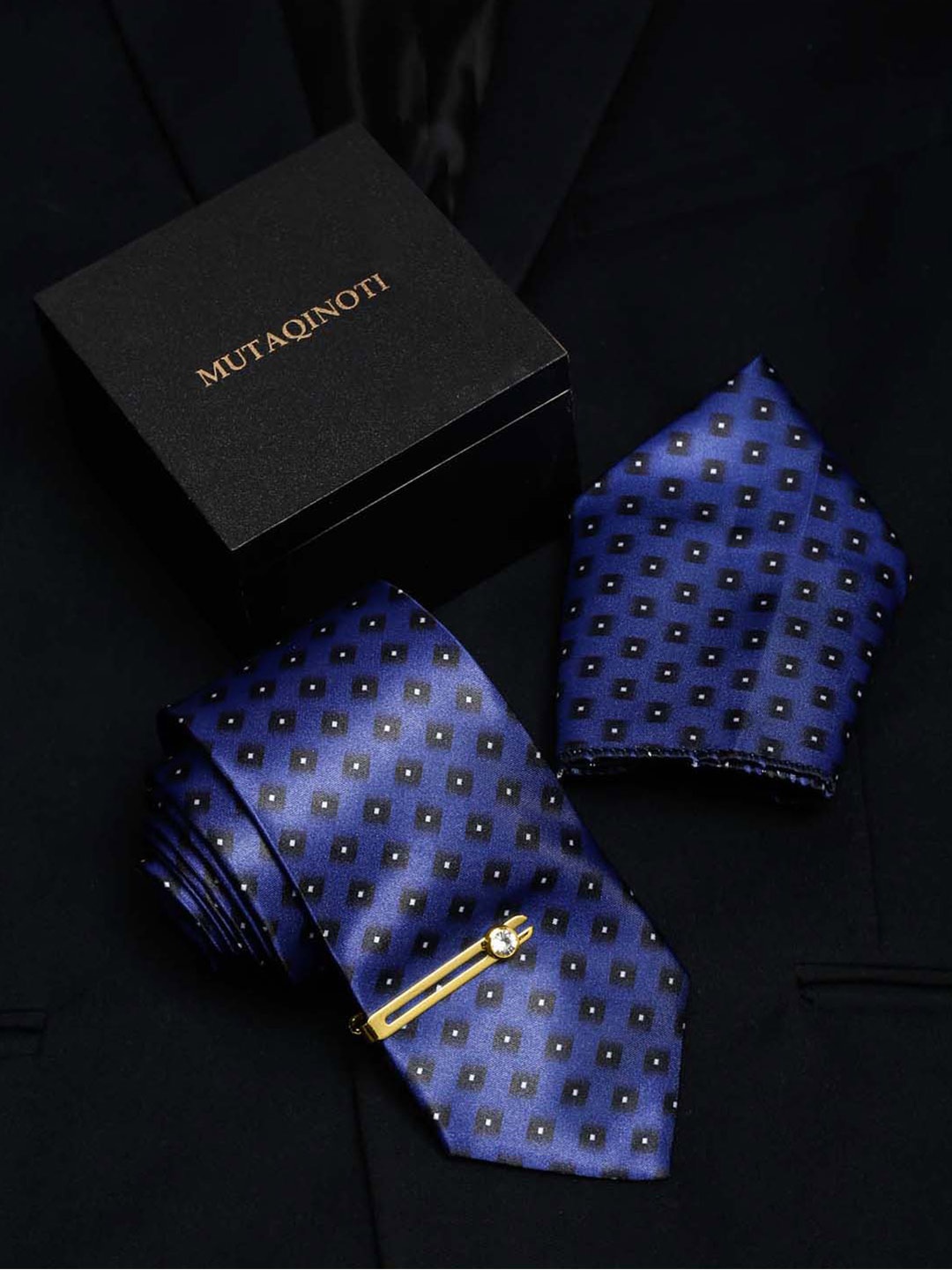 

MUTAQINOTI Set Of 3 Checks Highlighted Blue Silk Blend Necktie Accessory Gift Set