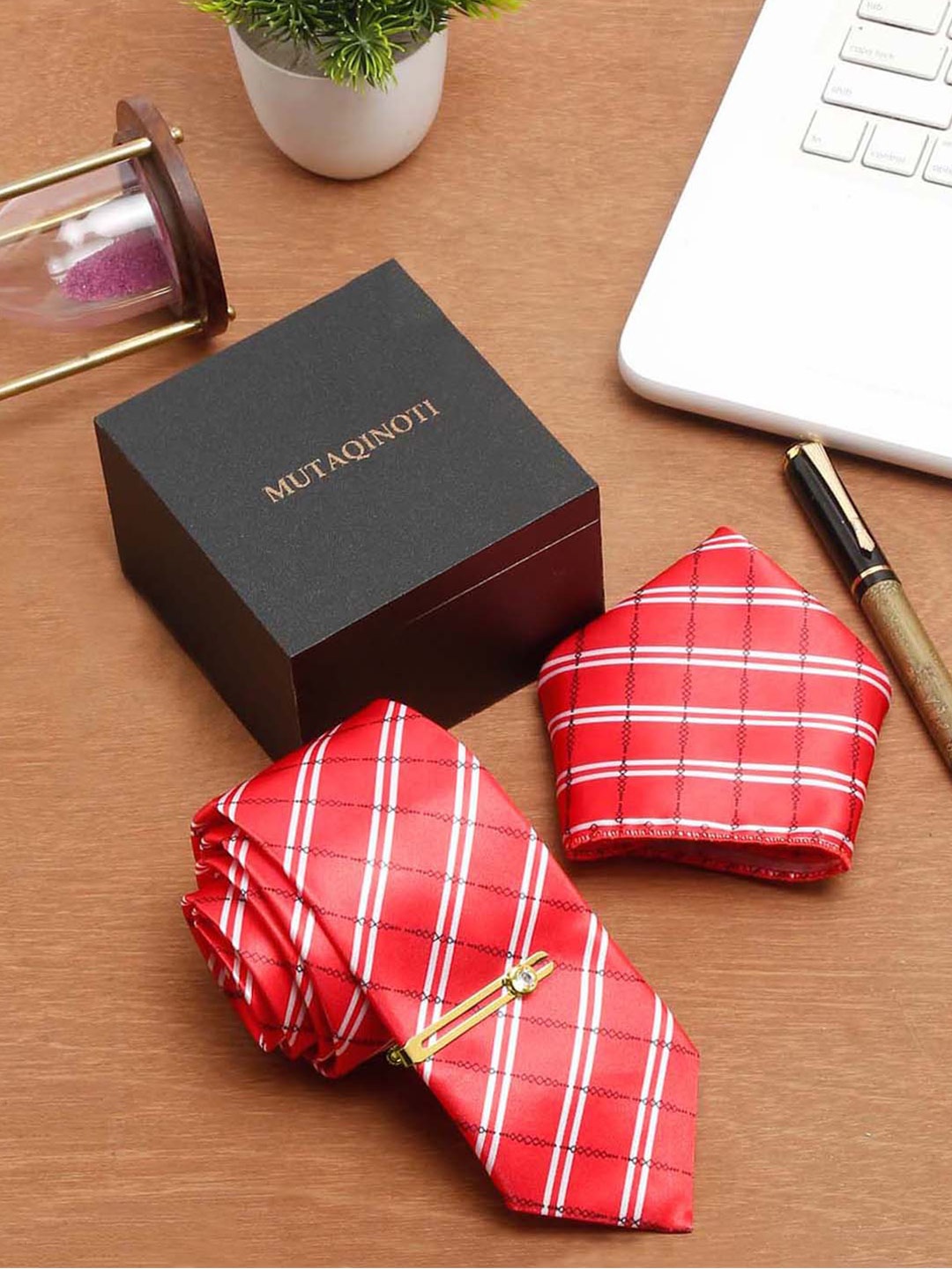 

MUTAQINOTI Set Of 3 Double Stripe Red Silk Blend Necktie Accessory Gift Set