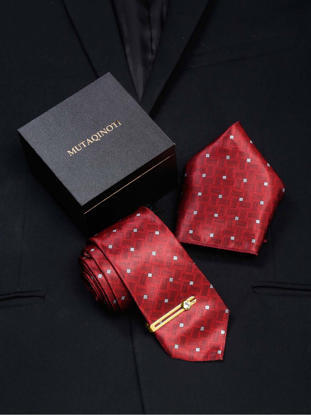 

MUTAQINOTI Men Printed Silk Formal Accessory Gift Set, Red