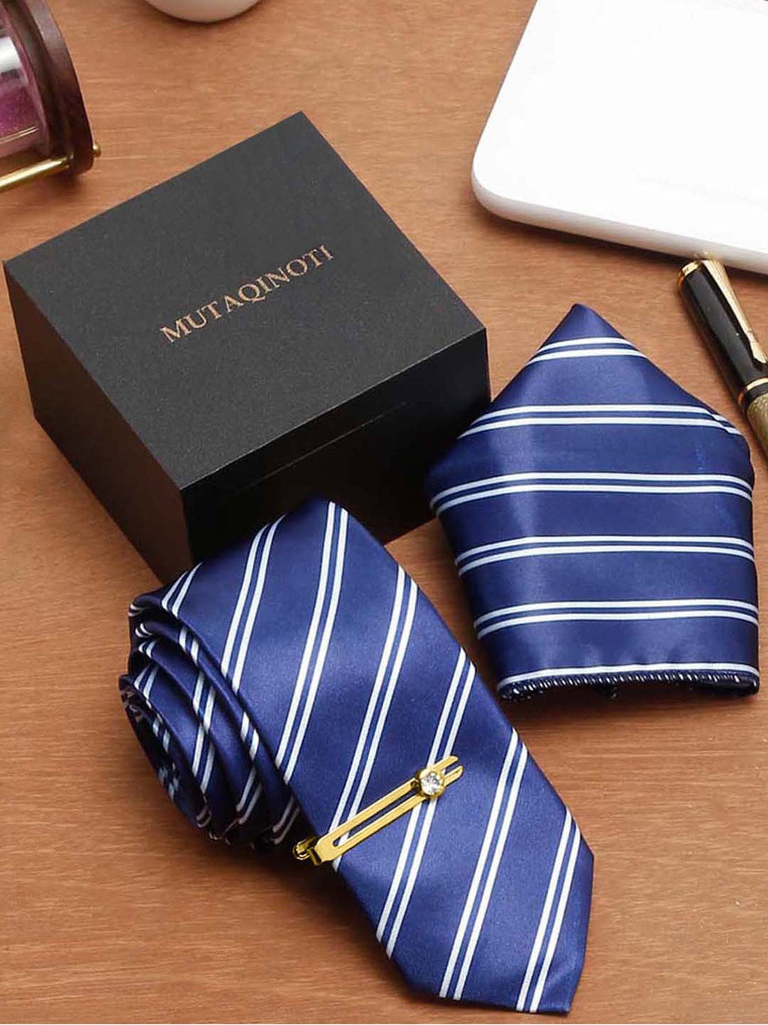 

MUTAQINOTI Set Of 3 Striped Dark Blue Silk Blend Necktie Accessory Gift Set