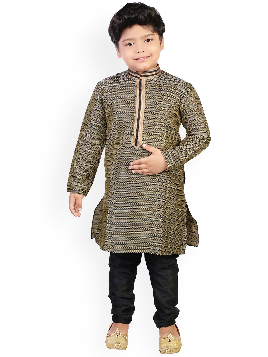 

BAESD Boys Woven Design Silk Sherwani Set, Olive