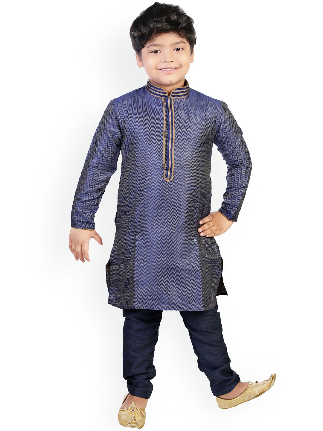 

BAESD Boys Woven Design Silk Sherwani Set, Navy blue