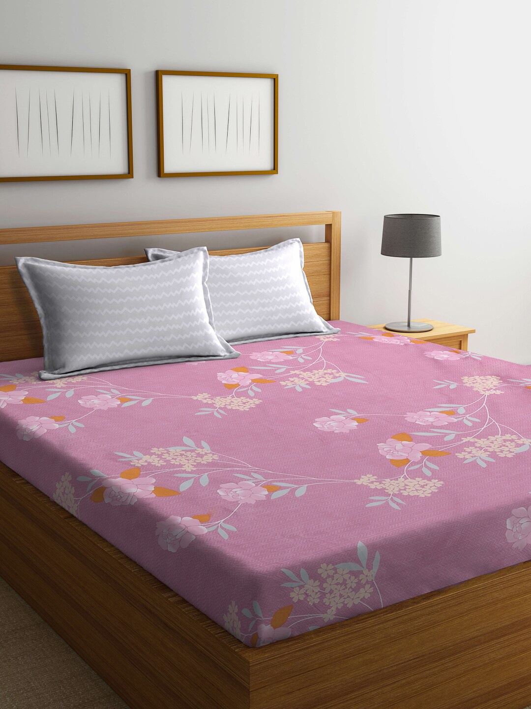 

KLOTTHE Pink 7 Brown Floral Printed 300 TC Fitted Double Bedsheet With 2 Pillow Covers