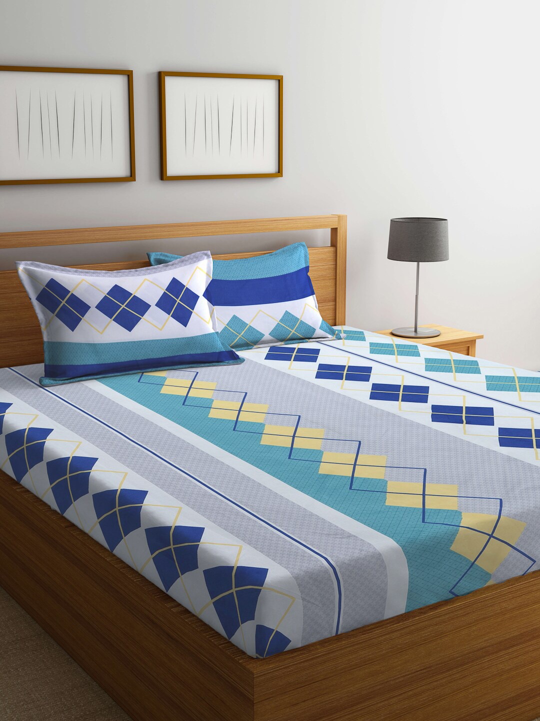 

KLOTTHE Grey & Blue Geometric Printed 300 TC Fitted Double Bedsheet With 2 Pillow Covers