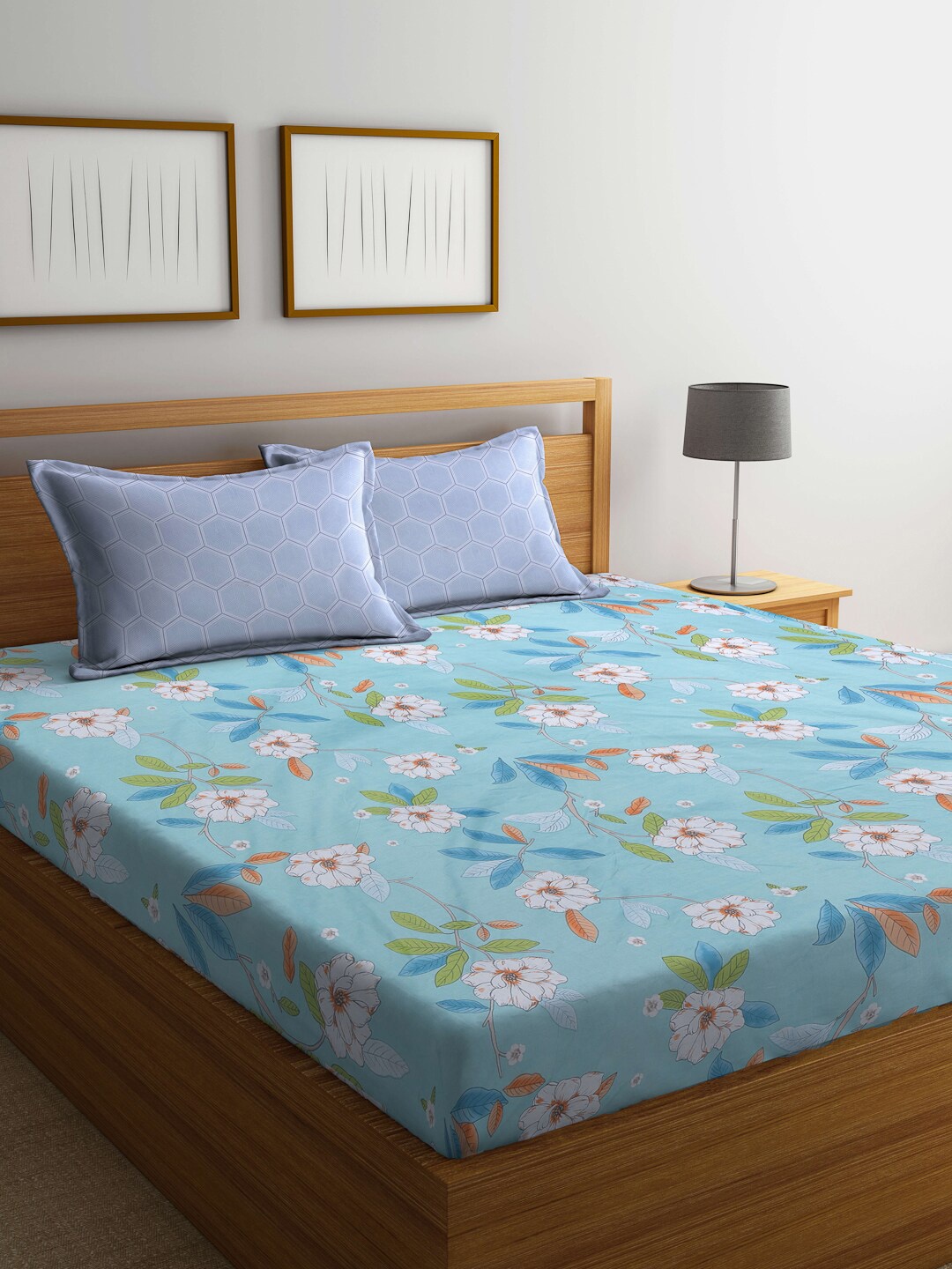 

KLOTTHE Blue Floral Printed 300 TC Fitted Double King Bedsheet With 2 Pillow Covers