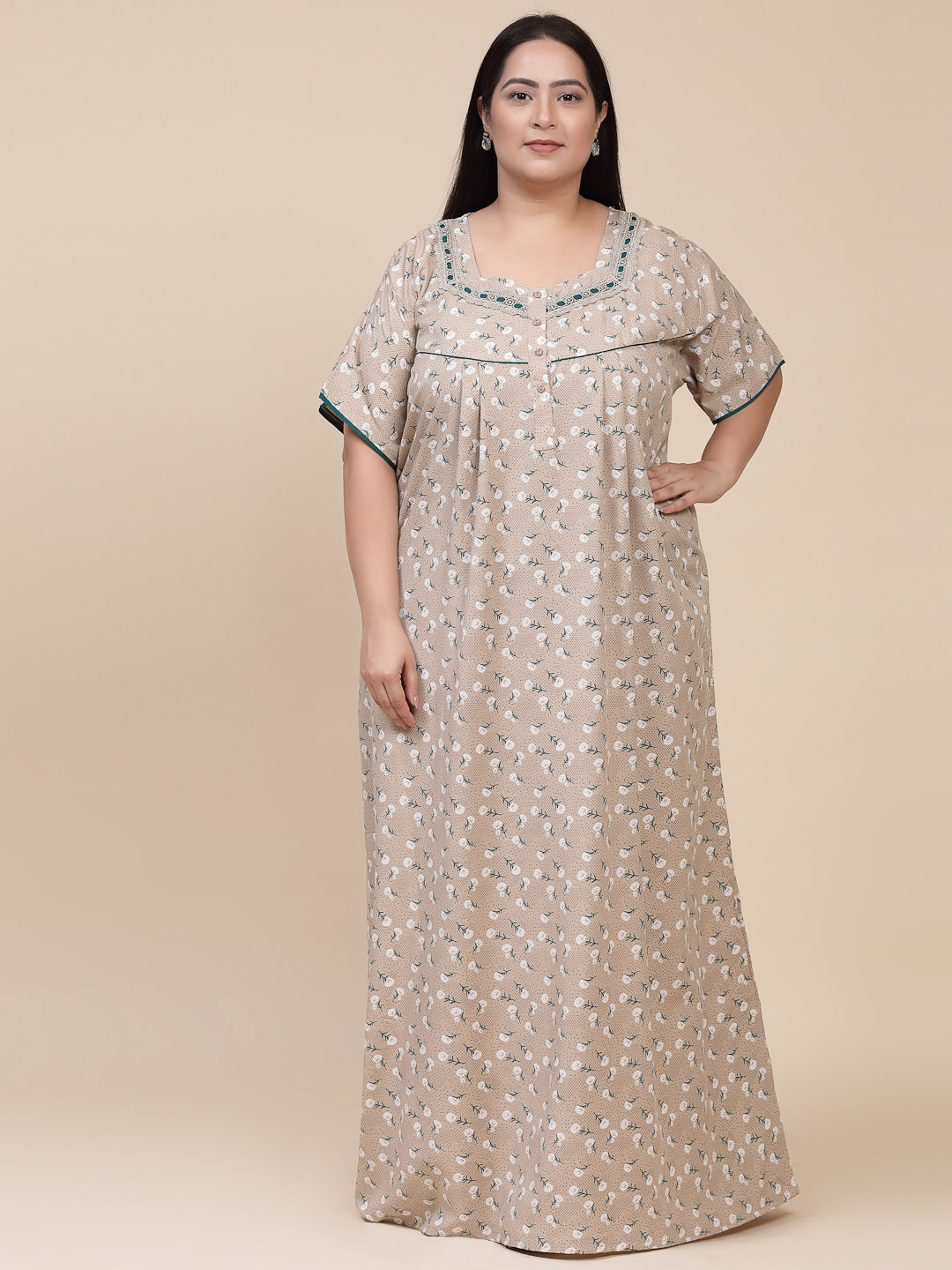 

Sweet Dreams Plus Size Taupe Floral Printed Maxi Nightdress