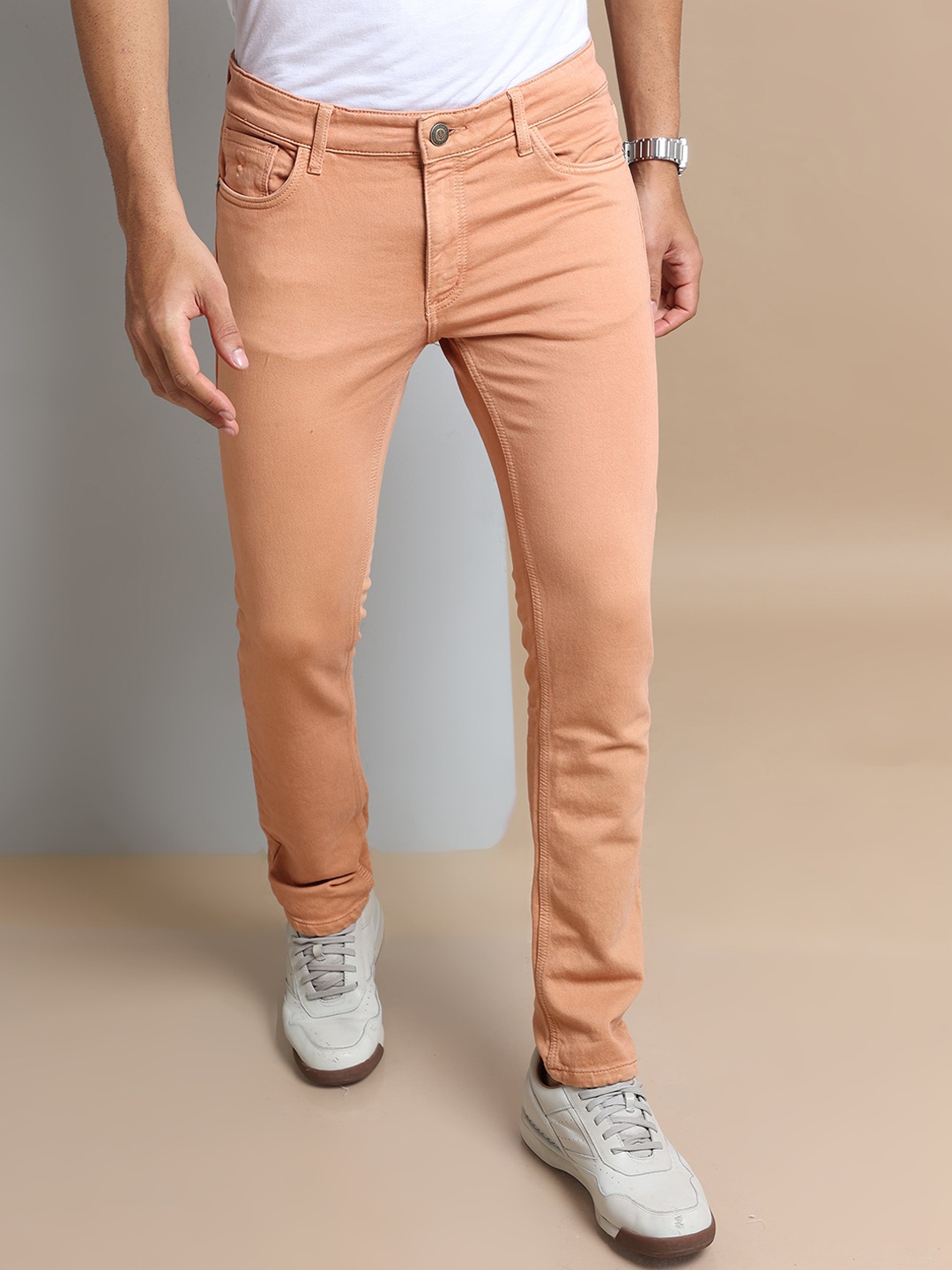 

VUDU Narrow Slim Fit Mid Rise Clean Look Coloured Shade Cotton Stretchable Jeans, Peach