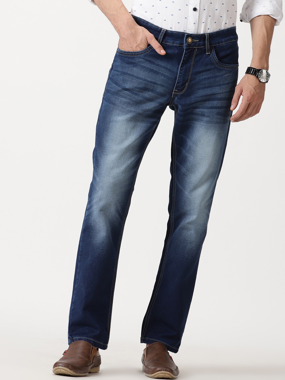 

VUDU Narrow Slim Fit Mid Rise Clean Look Heavy Fade Cotton Stretchable Jeans, Navy blue